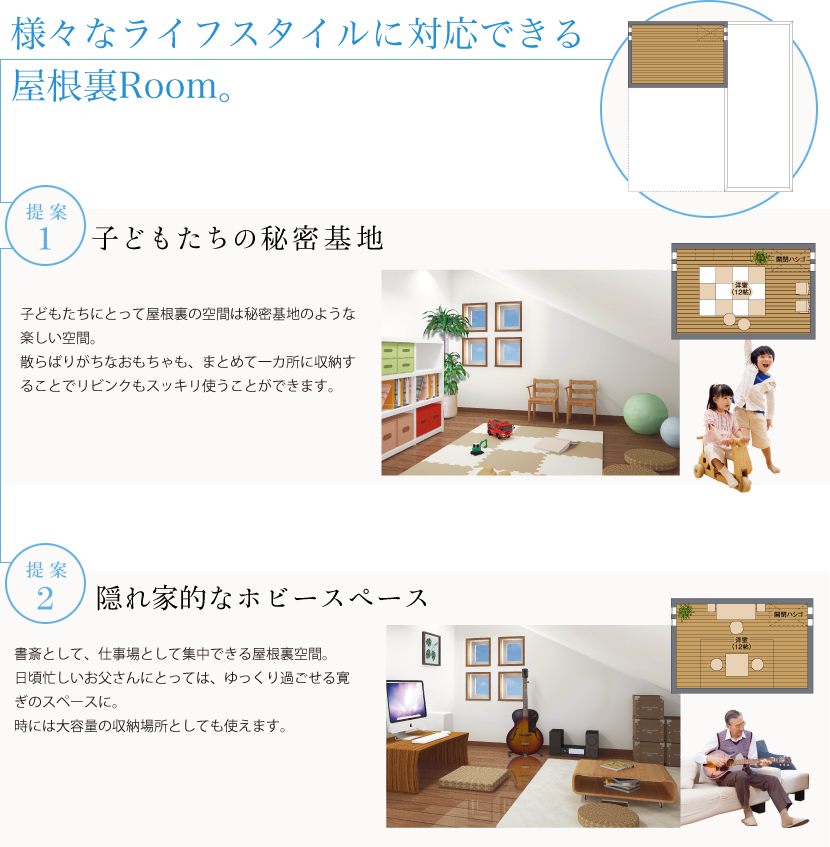 様々なライフスタイルに対応できる屋根裏Room